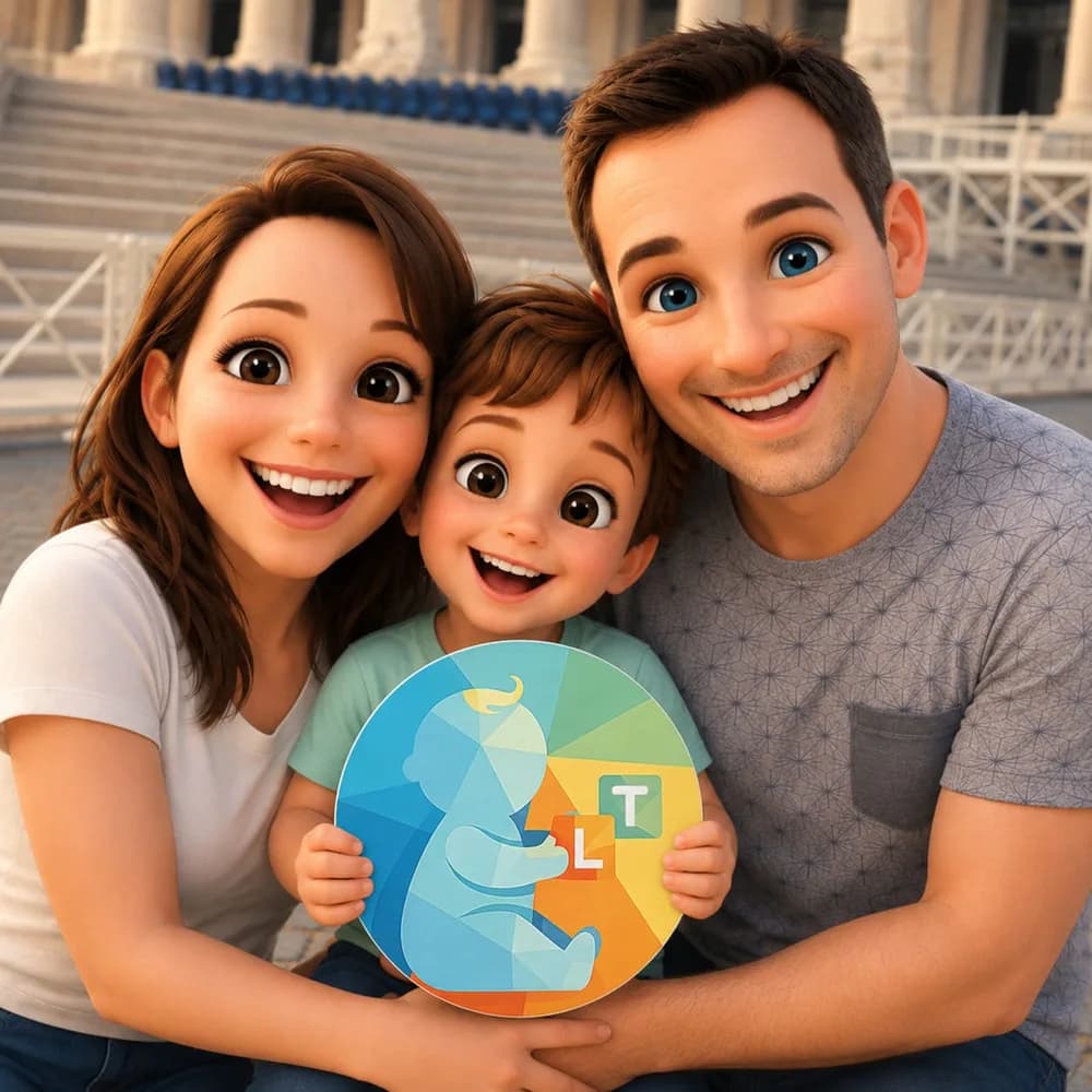 The family behind Logi Tot — two parents and their young son, smiling together